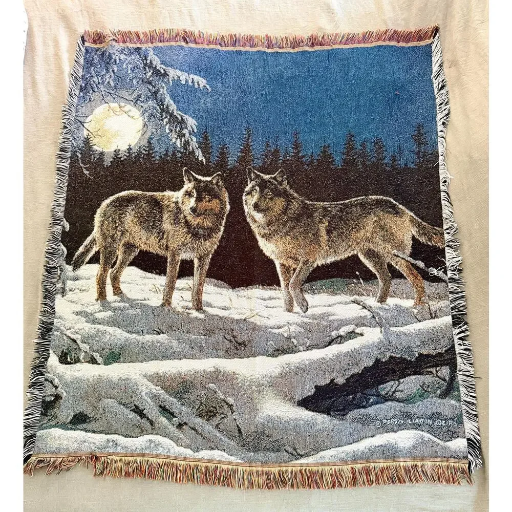 Persis Clayton Weirs Wolf Tapestry Throw Blanket | Moonlit Wolves Woven Afghan